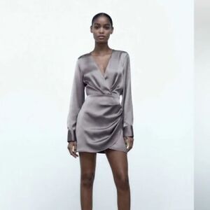 NWT Zara Silver Wrap Front Satin Dress Long Sleeve